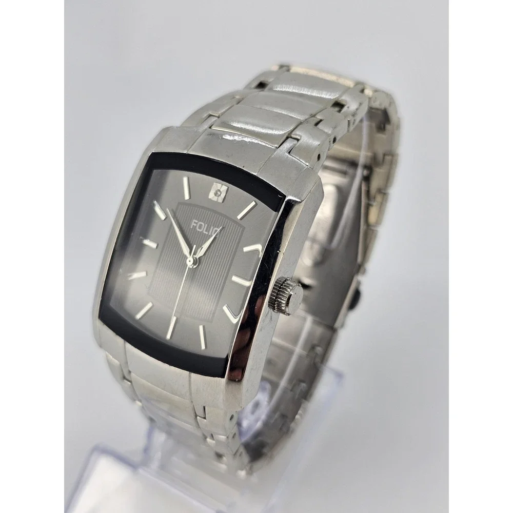 Folio Men's Diamond Watch 35MM Black Dial‎ Gray Bracelet Band 7